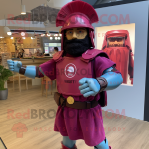 Magenta Roman Soldier mascot costume character dressed with a Denim Shirt and Smartwatches