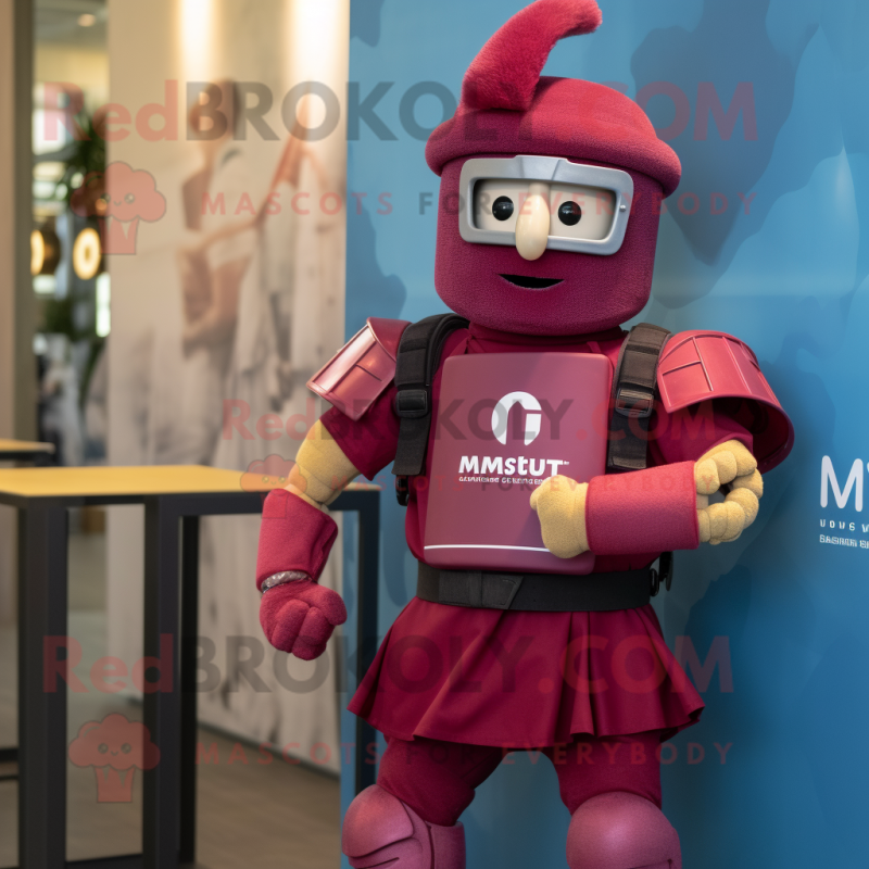 Magenta Roman Soldier mascot costume character dressed with a Denim Shirt and Smartwatches