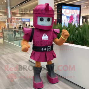 Magenta Roman Soldier mascot costume character dressed with a Denim Shirt and Smartwatches