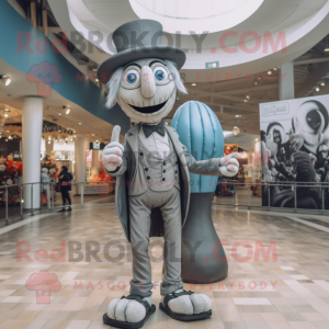 Silver Stilt Walker mascot costume character dressed with a Corduroy Pants and Berets
