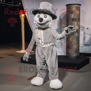 Silver Stilt Walker mascot costume character dressed with a Corduroy Pants and Berets