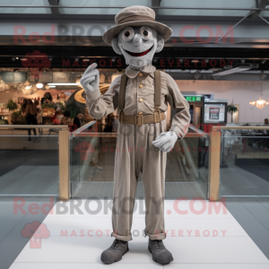 Silver Stilt Walker mascot costume character dressed with a Corduroy Pants and Berets