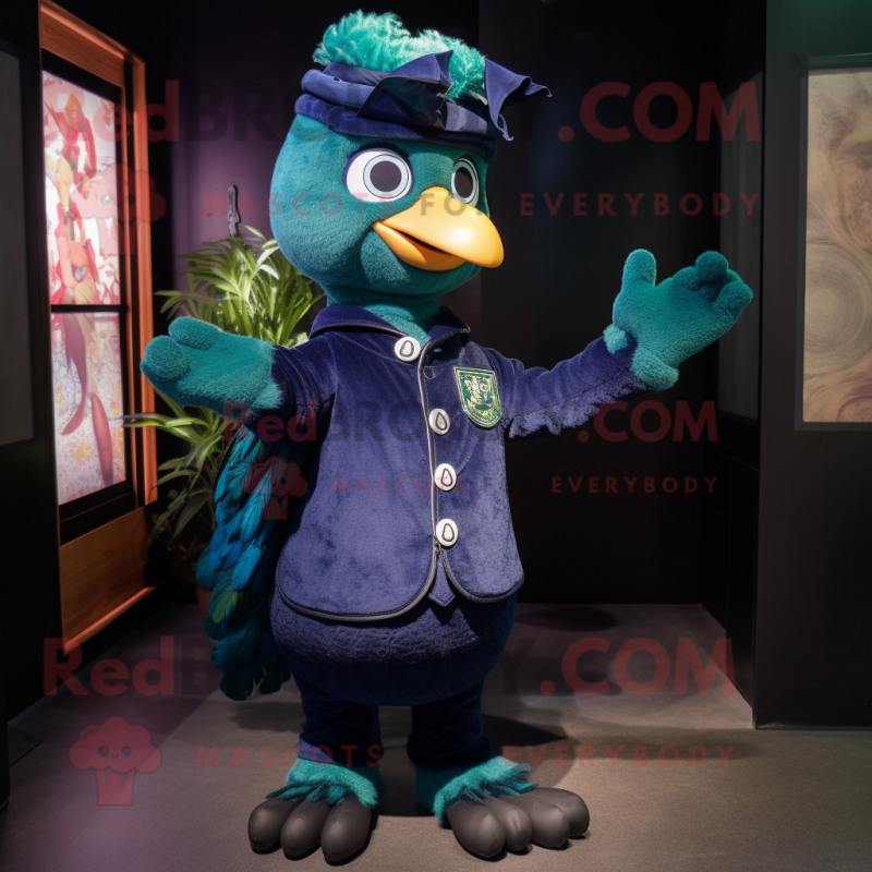 Navy Peacock mascot costume character dressed with a Boyfriend Jeans and Mittens