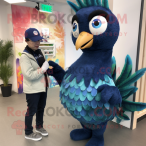 Navy Peacock mascot costume character dressed with a Boyfriend Jeans and Mittens