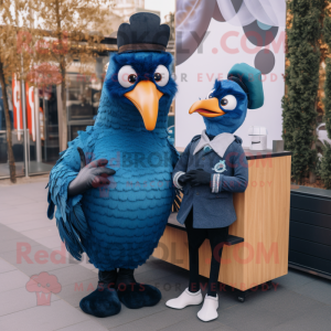 Navy Peacock mascot costume character dressed with a Boyfriend Jeans and Mittens