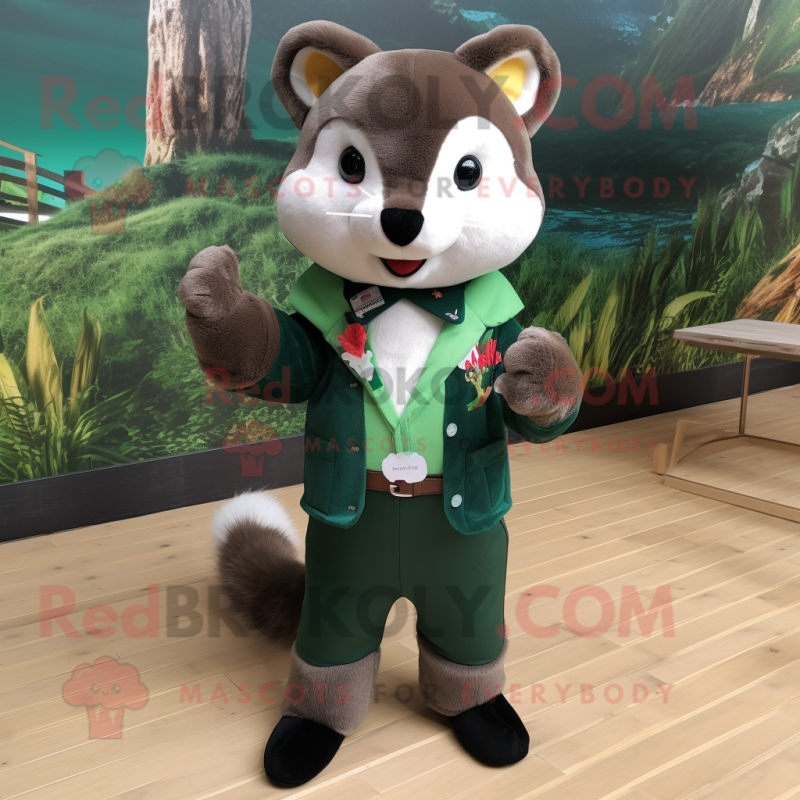 Forest Green Marten mascot costume character dressed with a Playsuit and Bow ties