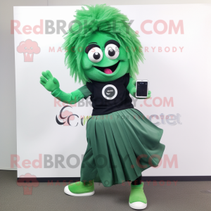 Forest Green Ceviche mascot costume character dressed with a Pleated Skirt and Digital watches