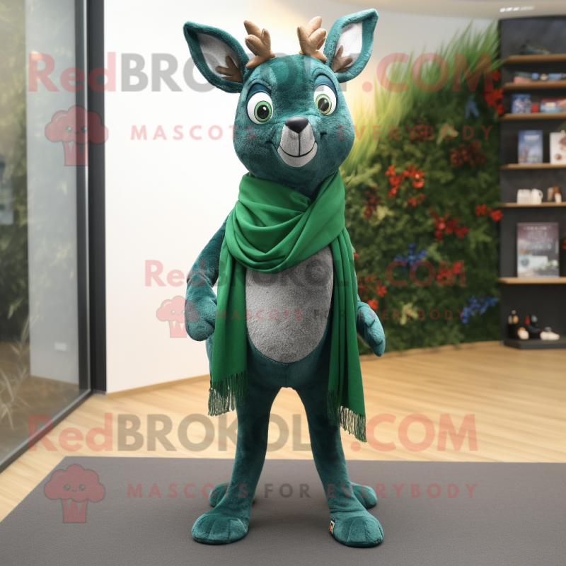 Forest Green Deer mascot costume character dressed with a Jeans and Scarves