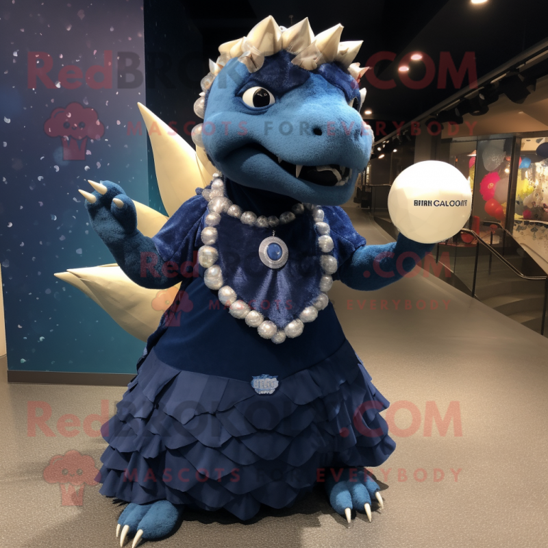 Navy Ankylosaurus mascot costume character dressed with a Ball Gown and Beanies