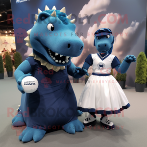 Navy Ankylosaurus mascot costume character dressed with a Ball Gown and Beanies