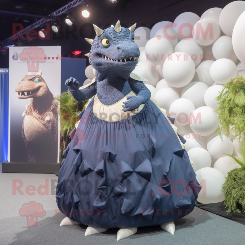 Navy Ankylosaurus mascot costume character dressed with a Ball Gown and Beanies Navy Ankylosaurus mascot costume character dressed with a Ball Gown and Beanies