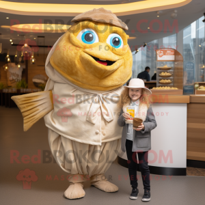 Beige Fish And Chips mascot costume character dressed with a Blouse and Watches