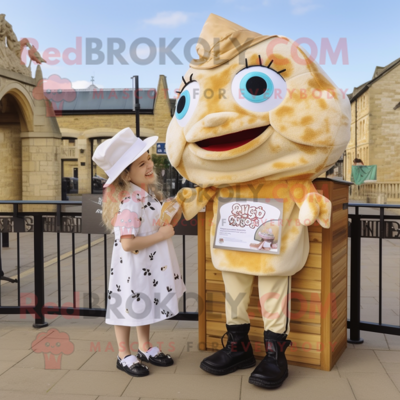 Beige Fish And Chips mascot costume character dressed with a Blouse and Watches