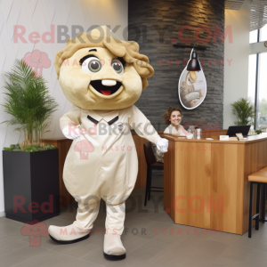 Beige Fish And Chips mascot costume character dressed with a Blouse and Watches