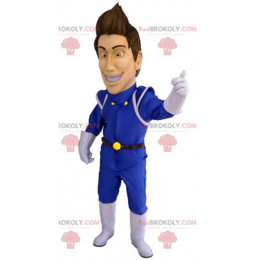 Muž maskot v modrém futuristickém obleku - Redbrokoly.com