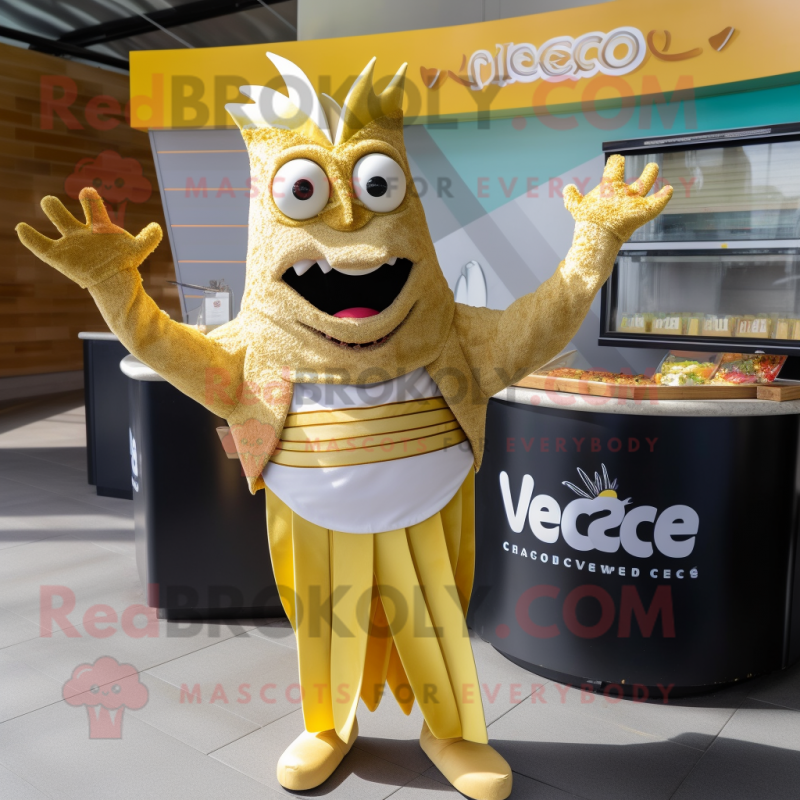 Gold Ceviche mascot costume character dressed with a V-Neck Tee and Wraps Gold Ceviche mascot costume character dressed with a V-Neck Tee and Wraps