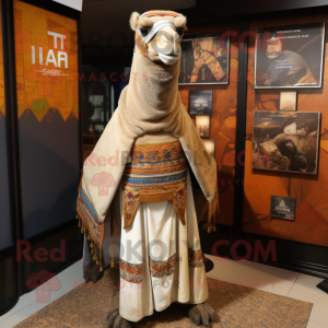 Tan Camel mascot costume character dressed with a Graphic Tee and Shawls