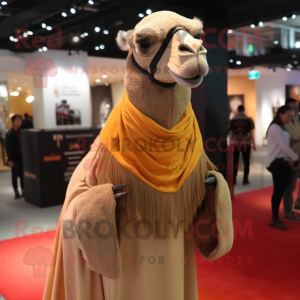 Tan Camel mascot costume character dressed with a Graphic Tee and Shawls