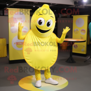 Lemon Yellow Plate Spinner mascot costume character dressed with a V-Neck Tee and Wraps