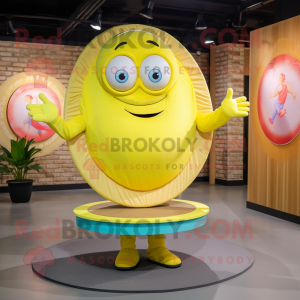 Lemon Yellow Plate Spinner mascot costume character dressed with a V-Neck Tee and Wraps
