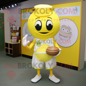 Lemon Yellow Plate Spinner mascot costume character dressed with a V-Neck Tee and Wraps