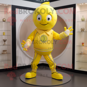 Lemon Yellow Plate Spinner mascot costume character dressed with a V-Neck Tee and Wraps