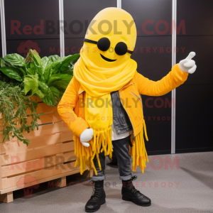 Lemon Yellow Carrot mascot costume character dressed with a Biker Jacket and Scarf clips