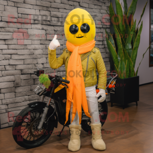 Lemon Yellow Carrot mascot costume character dressed with a Biker Jacket and Scarf clips
