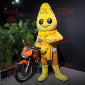 Lemon Yellow Carrot mascot costume character dressed with a Biker Jacket and Scarf clips