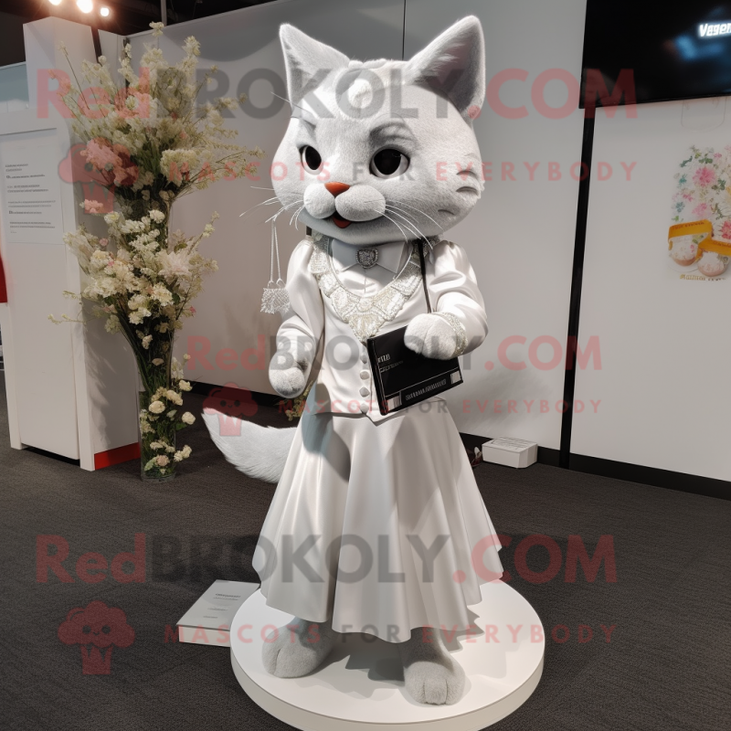 Silver Cat mascot costume character dressed with a Wedding Dress and Wallets