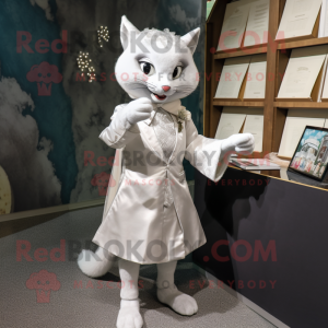 Silver Cat mascot costume character dressed with a Wedding Dress and Wallets
