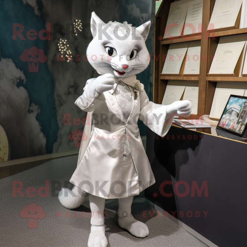 Silver Cat mascot costume character dressed with a Wedding Dress and Wallets