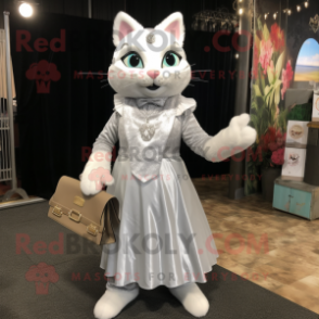 Silver Cat mascot costume character dressed with a Wedding Dress and Wallets