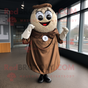 Brown Oyster mascot costume character dressed with a Wrap Dress and Suspenders