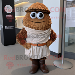 Brown Oyster mascot costume character dressed with a Wrap Dress and Suspenders