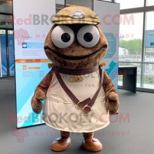 Brown Oyster mascot costume character dressed with a Wrap Dress and Suspenders