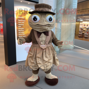 Brown Oyster mascot costume character dressed with a Wrap Dress and Suspenders