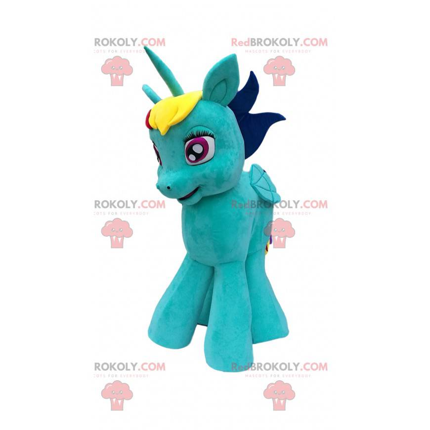 Mascot small turquoise unicorn with a rainbow mane -