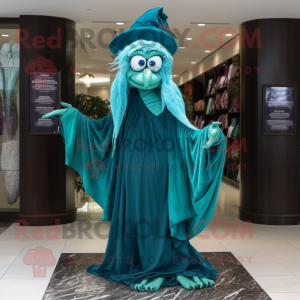 Turquoise Witch mascot costume character dressed with a Evening Gown and Scarves