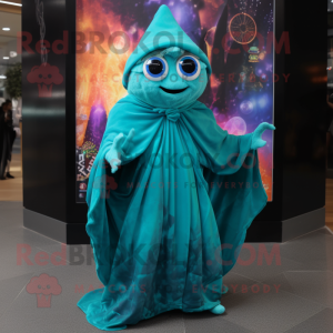 Turquoise Witch mascot costume character dressed with a Evening Gown and Scarves