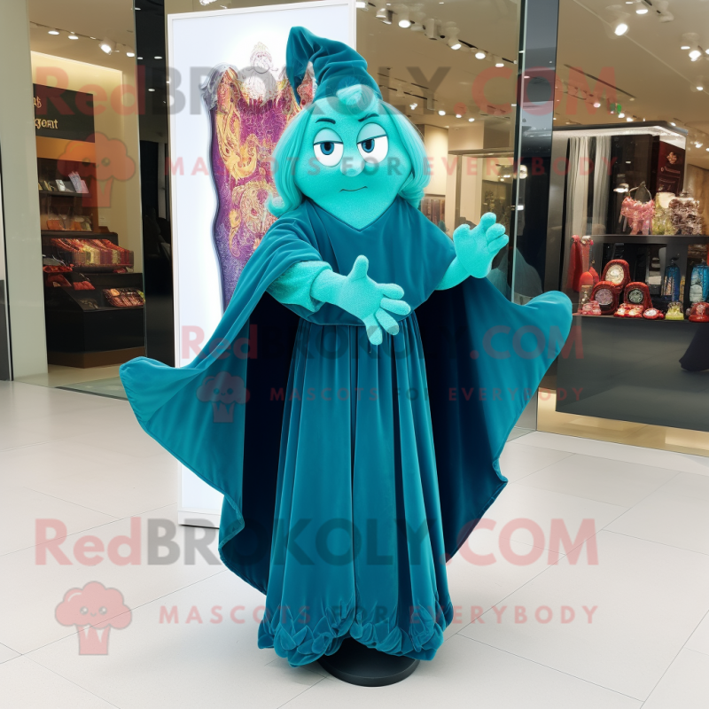 Turquoise Witch mascot costume character dressed with a Evening Gown and Scarves Turquoise Witch mascot costume character dressed with a Evening Gown and Scarves