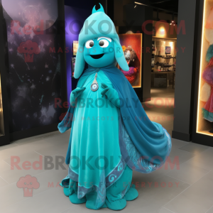 Turquoise Witch mascot costume character dressed with a Evening Gown and Scarves