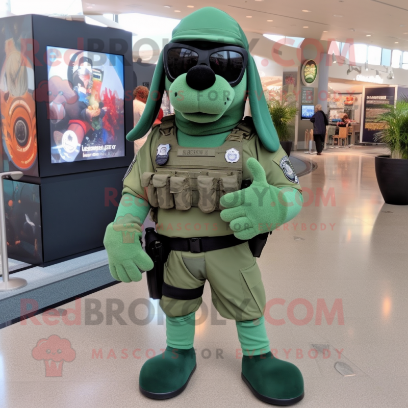 Green Navy Seal mascot costume character dressed with a Polo Tee and Keychains