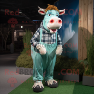 Cyan Guernsey Cow mascot costume character dressed with a Flannel Shirt and Foot pads