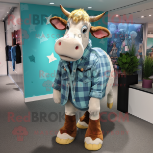 Cyan Guernsey Cow mascot costume character dressed with a Flannel Shirt and Foot pads