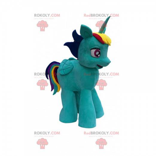 Mascot small turquoise unicorn with a rainbow mane -