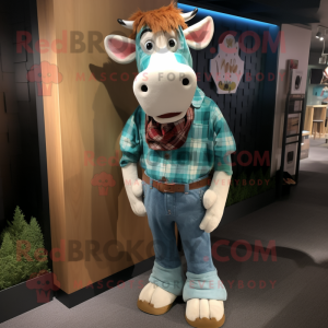 Cyan Guernsey Cow mascot costume character dressed with a Flannel Shirt and Foot pads