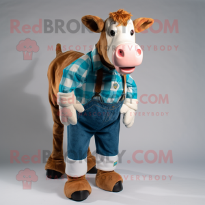 Cyan Guernsey Cow mascot costume character dressed with a Flannel Shirt and Foot pads