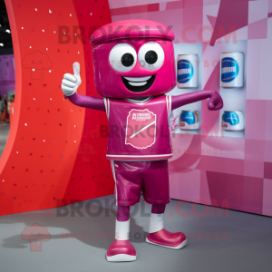 Magenta Soda Can mascot costume character dressed with a Running Shorts and Lapel pins