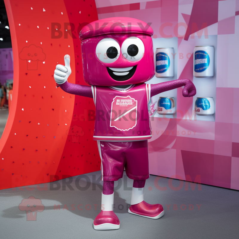 Magenta Soda Can mascot costume character dressed with a Running Shorts and Lapel pins Magenta Soda Can mascot costume character dressed with a Running Shorts and Lapel pins